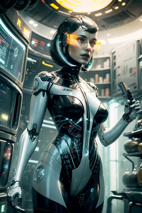 a close up of a woman in a futuristic suit holding a gun