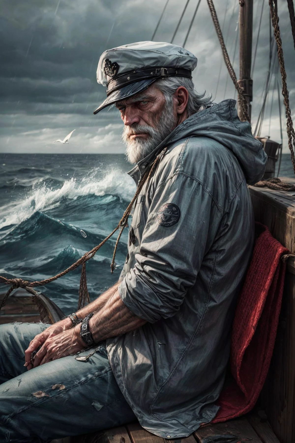 (RAW photo, 8k uhd, Analog style, Masterpiece, Best Quality, Highres:1.4), (dramatic, cinematic:1.2), BREAK,
movie shot of (80 yo:1.2) (old male:1.3) (fisherman:1.25) (sailor man:1.25) (sitting:1.1) (on deck:1.35) of (old dilapidated:1.2) (wooden sailboat:1.3), against railing, (from side:1.2), (stern face:1.2), (deep wrinkles:1.2), (gray long beard:1.3), (grey eyes:1.2), ((shabby:1.2) old (torn:1.15) (raincoat:1.1), brown (pants:1.1), (sailor hat:1.1) (sou'wester:1.2), jackboots:1.1), (lowered head:1.2), (tired sad expression:1.15), BREAK,
(stormy sea, gloomy dark clouds:1.2) on background, (splashes, water drops, rain:1.25), (seafoam:1.1), (flying white seagulls:1.25), (rocks, cliffs:1.3), (dark haze:1.2), (wet clothes:1.1), fishing (nets with fish:1.3) on deck, (ropes:1.1), (tense hopeless eerie atmosphere, cold, floes:1.2), BREAK,
(photorealistic:1.3), (rough details, (male focus:1.1):1.2), (desaturated, cold lighting:1.3), (hyperdetailed, absurdres:1.2), BREAK,
