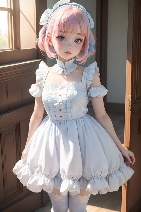 (masterpiece, best quality), 1girl, blue and white frill dress, (white stockings), pink hair, cute face, standing, indoor, intri...