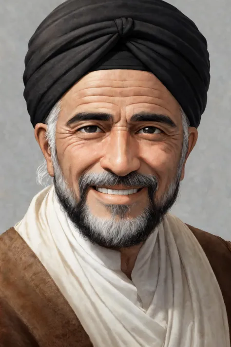 close-up photo portrait of a 60 yo aged Arab man, short grey hair, beard, black eyes, joyful face expression, turban, simple bac...