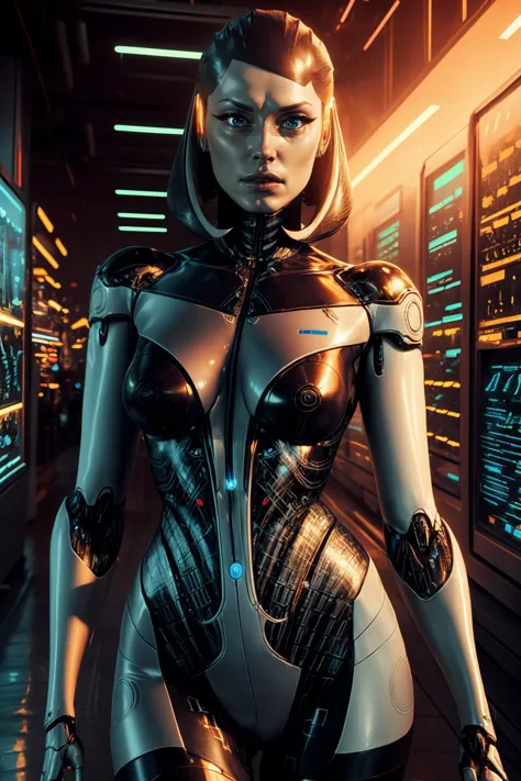 (melhor qualidade, obra de arte, Rosto Perfeito) Edi, fêmea, mulher, óculos holográficos laranja, parede de vidro cyberpunk, loja de ciborgues, luzes de neon, Revele o extraordinário com nosso fembot cyberpunk, uma mistura harmoniosa de graça artificial e engenharia de ponta. Seus membros biomecânicos se movem com precisão fluida, e seu cabelo holográfico muda de cor de acordo com seu humor. Mergulhe na exibição interativa, onde ela demonstra sua versatilidade e adaptabilidade. Eleve a sua existência com o auge da inovação cibernética.  (hiper-realismo, luz suave, Luz dramática, afiado, HDR)