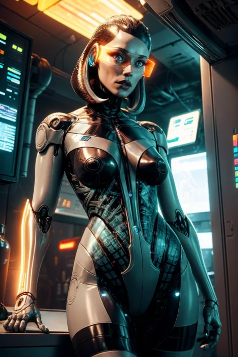 a woman in a futuristic suit standing in front of a computer screen