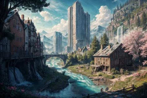 (RAW photo, 8k uhd, Analog style, Masterpiece, Best Quality, Highres:1.4), (dramatic, cinematic:1.2), BREAK,
movie shot of colorful hyperdetailed fantastic fantasy mysterious magic landscape, above clouds, (medieval elven fantasy (village:1.35), (steampunk:1.05) (peasant:1.15) (robots:1.1) (crowd:1.35), playing (little steampunk (girl:1.25):1.1), (farm:1.31), (lake, (river:1.14):1.15), (bridges:1.4), (waterfalls:1.35), (boat:1.4), (dock:1.1), (cliff:1.35), road, (green:1.05) valley, (flowers:1.2), (maple trees:0.65), (green:1.05) (fields:1.3), (fences:1.3), (snowy:1.17) (pines:1.1), (pink:1.0) (flowering tree:1.12):1.22), BREAK,
((mountains:1.22), (futuristic:1.15) (overgrown:1.27) (skyscrapers:1.53) (ruins:1.35), (market, water wheel, castle:1.14), (colorful houses:1.2), birds, stairs, spaceport, ((bright morning sun daylight:1.05) rainbow pure (blue:1.05) sky, glowing:1.05), starry, crescent, meteor, ((fluffy cloud:1.2), godrays, light particles:1.05), various seasons, steam, smokes:1.2), BREAK,
(photorealistic:1.2), (intricate:1.3), (light theme:1.3), (inspiring joyful atmosphere:1.2), (fabulous, fantasy, mysterious, science fiction, post-apocalypse, incredible, amazing, happy, sunny, pastoral:1.2), (hyperdetailed, absurdres:1.2), (colorful, saturated:1.4), colorful lighting, BREAK,
