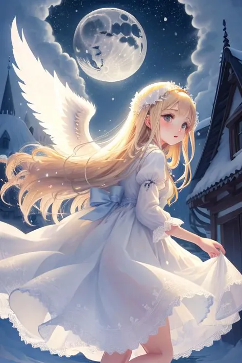 Angel, long blonde hair, white lace dress, wings, floating, dress floating, see-through silhouette, moon light behind, snow village, snowing, happy