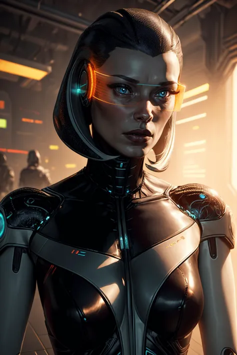 a close up of a woman in a futuristic suit with glowing eyes