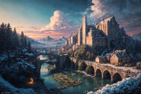 (RAW photo, 8k uhd, Analog style, Masterpiece, Best Quality, Highres:1.4), (dramatic, cinematic:1.2), BREAK,
movie shot of colorful hyperdetailed fantastic fantasy mysterious magic landscape, above clouds, (medieval elven fantasy (village:1.35), (steampunk:1.05) (peasant:1.15) (robots:1.1) (crowd:1.35), playing (little steampunk (girl:1.25):1.1), (farm:1.31), (lake, (river:1.14):1.15), (bridges:1.4), (waterfalls:1.35), (boat:1.4), (dock:1.1), (cliff:1.35), road, (green:1.05) valley, (flowers:1.2), (maple trees:0.65), (green:1.05) (fields:1.3), (fences:1.3), (snowy:1.17) (pines:1.1), (pink:1.0) (flowering tree:1.12):1.22), BREAK,
((mountains:1.22), (futuristic:1.15) (overgrown:1.27) (skyscrapers:1.53) (ruins:1.35), (market, water wheel, castle:1.14), (colorful houses:1.2), birds, stairs, spaceport, ((bright morning sun daylight:1.05) rainbow pure (blue:1.05) sky, glowing:1.05), starry, crescent, meteor, ((fluffy cloud:1.2), godrays, light particles:1.05), various seasons, steam, smokes:1.2), BREAK,
(photorealistic:1.2), (intricate:1.3), (light theme:1.3), (inspiring joyful atmosphere:1.2), (fabulous, fantasy, mysterious, science fiction, post-apocalypse, incredible, amazing, happy, sunny, pastoral:1.2), (hyperdetailed, absurdres:1.2), (colorful, saturated:1.4), colorful lighting, BREAK,
<lora:more_details:1>,