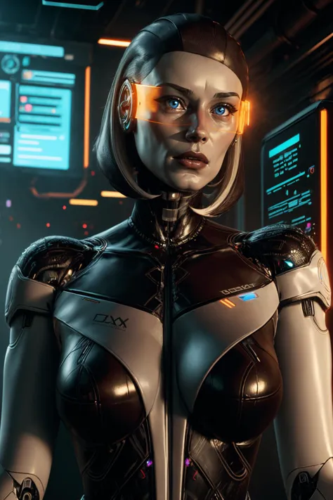 a close up of a woman in a futuristic suit with a sci - futuristic helmet