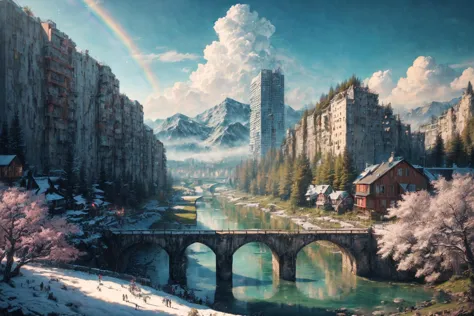 (RAW photo, 8k uhd, Analog style, Masterpiece, Best Quality, Highres:1.4), (dramatic, cinematic:1.2), BREAK,
movie shot of colorful hyperdetailed fantastic fantasy mysterious magic landscape, above clouds, (medieval elven fantasy (village:1.35), (steampunk:1.05) (peasant:1.15) (robots:1.1) (crowd:1.35), playing (little steampunk (girl:1.25):1.1), (farm:1.31), (lake, (river:1.14):1.15), (bridges:1.4), (waterfalls:1.35), (boat:1.4), (dock:1.1), (cliff:1.35), road, (green:1.05) valley, (flowers:1.2), (maple trees:0.65), (green:1.05) (fields:1.3), (fences:1.3), (snowy:1.17) (pines:1.1), (pink:1.0) (flowering tree:1.12):1.22), BREAK,
((mountains:1.22), (futuristic:1.15) (overgrown:1.27) (skyscrapers:1.53) (ruins:1.35), (market, water wheel, castle:1.14), (colorful houses:1.2), birds, stairs, spaceport, ((bright morning sun daylight:1.05) rainbow pure (blue:1.05) sky, glowing:1.05), starry, crescent, meteor, ((fluffy cloud:1.2), godrays, light particles:1.05), various seasons, steam, smokes:1.2), BREAK,
(photorealistic:1.2), (intricate:1.3), (light theme:1.3), (inspiring joyful atmosphere:1.2), (fabulous, fantasy, mysterious, science fiction, post-apocalypse, incredible, amazing, happy, sunny, pastoral:1.2), (hyperdetailed, absurdres:1.2), (colorful, saturated:1.4), colorful lighting, BREAK,
<lora:more_details:1>,