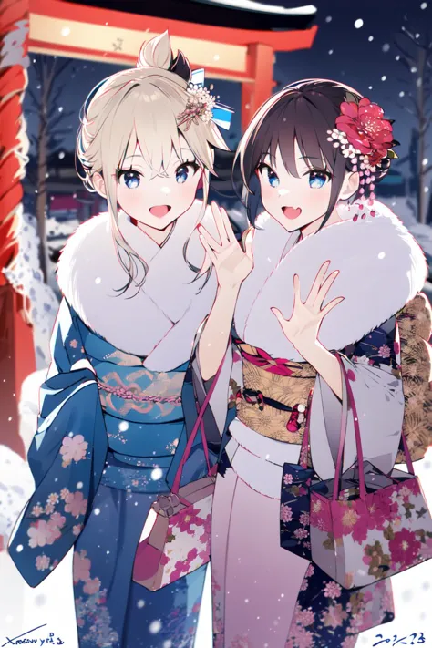 two anime girls in kimono outfits standing in front of a red gate