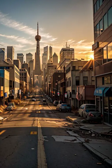 (masterpiece), 
a post-apocalyptic city of united states,
viewed from the street,
sunset,