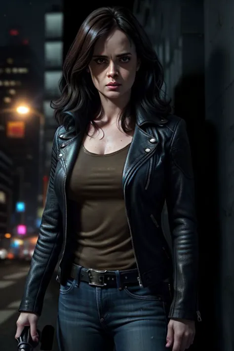 Jessica Jones in a fight, open jacket, bottomless, night time, detailed textures, night lighting, best quality,hyper detailed,ul...