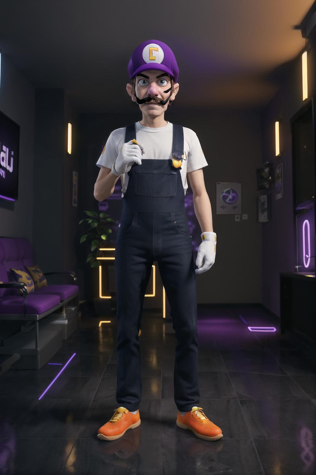 A man in a purple hat and overalls stands in a room - SeaArt AI