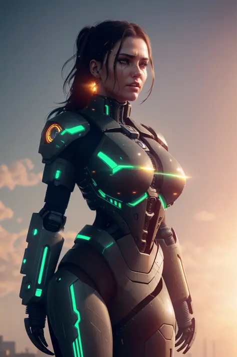 realistic photo of ((woman in a hulking hydraulic biomechanical exoskeleton armored robot)), (detailed face), sunset, sweaty, grime, post-apocalyptic, long hair, cyberpunk, (modelshoot style), nsfw, catastanna20, film photography, breathtaking, rim lightin...