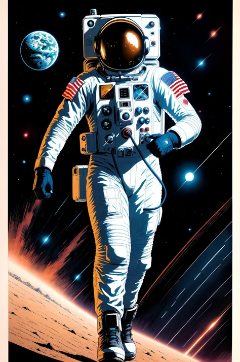 Astronaut comic art. Comic book cover art. Photorealistic ink art. Techno sci fi. Maximalist surrealism.