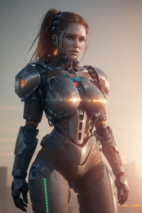 realistic photo of ((woman in a hulking hydraulic biomechanical exoskeleton armored robot)), (detailed face), sunset, sweaty, grime, post-apocalyptic, long hair, cyberpunk, (modelshoot style), nsfw, catastanna20