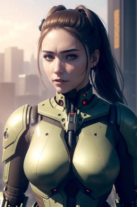 realistic photo of ((woman in a hulking hydraulic biomechanical exoskeleton armored robot)), (detailed face), sunset, sweaty, gr...