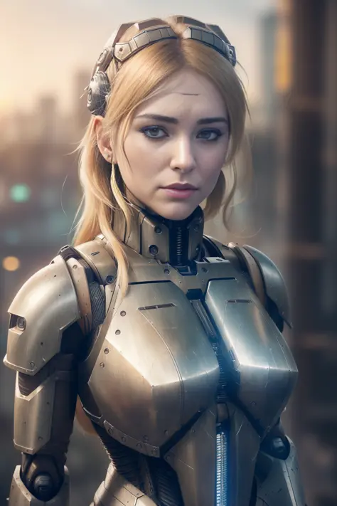 realistic photo of ((woman in a hulking hydraulic biomechanical exoskeleton armored robot)), (detailed face), sunset, sweaty, grime, post-apocalyptic, long hair, cyberpunk, (modelshoot style), eliol69