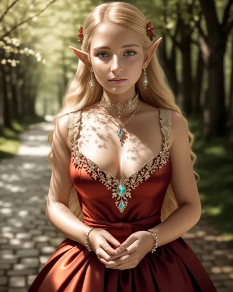 Professional Photo, close waist up shot, (beautiful female blonde elf maiden looking down at her hands wearing a modest-red-queen's-dress red-collar jewelry), (walking down a cobblestone wooded path), (in an enchanted deep forest), detailed eyes, (small pe...