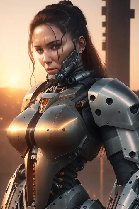 realistic photo of ((woman in a hulking hydraulic biomechanical exoskeleton armored robot)), (detailed face), sunset, sweaty, grime, post-apocalyptic, long hair, cyberpunk, (modelshoot style), nsfw