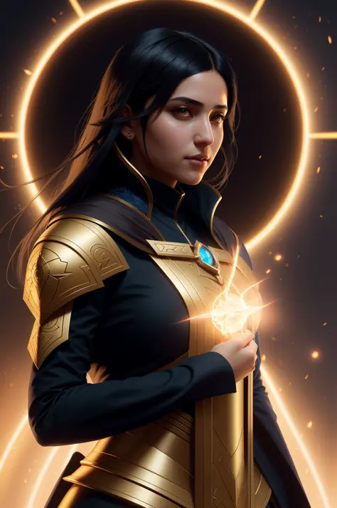 portrait of a middle - eastern female cleric with straight black hair wearing blue and yellow vestments casting fireball, fantasy, highly detailed, digital painting, artstation, concept art, character art, art by greg rutkowski and tyler jacobson and alpho...