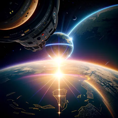 Spaceship, (earth view from space:1.2), photoshoot, realistic, 8k, horizon, sun peak, vivid colors, (filip hodas:1.2) style