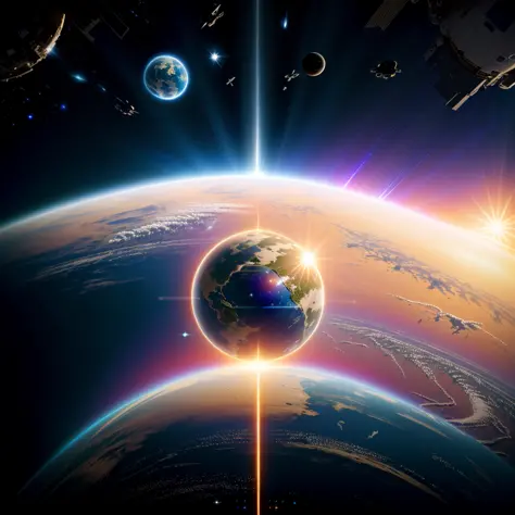 Spaceship, (earth view from space:1.2), photoshoot, realistic, 8k, horizon, sun peak, vivid colors, (filip hodas:1.2) style
