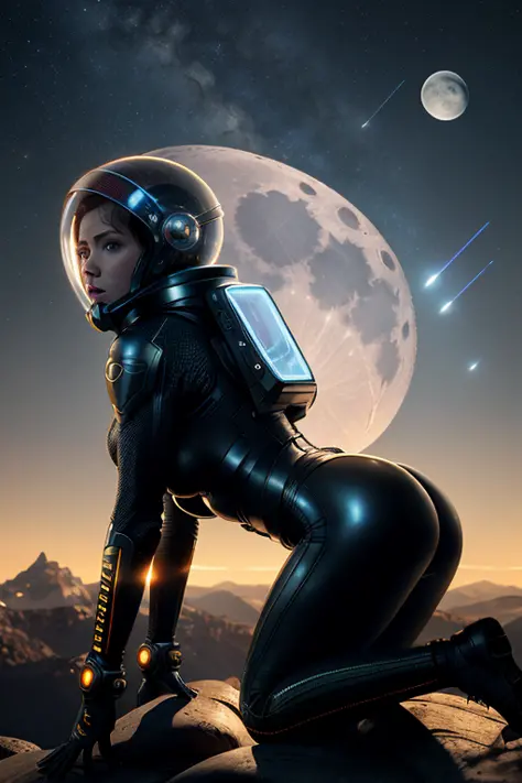 Highly detailed RAW color Photo,Rear Angle, Full Body, female space ninja, wearing tight full body latex suit and a futuristic space helmet, bending over a rock, outdoor looking up at the moon, athletic body, big ass, (mountains:1.1), (sci-fi), 50mm wide a...