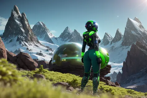 alien planet landscape, futuristic research facility, snow mountain in background, green alien vegetation, rocky mountainous environment, extremely realistic highly detailed wide angle shot, canon 5d, rear angle shot of a beautiful female scientist wearing...