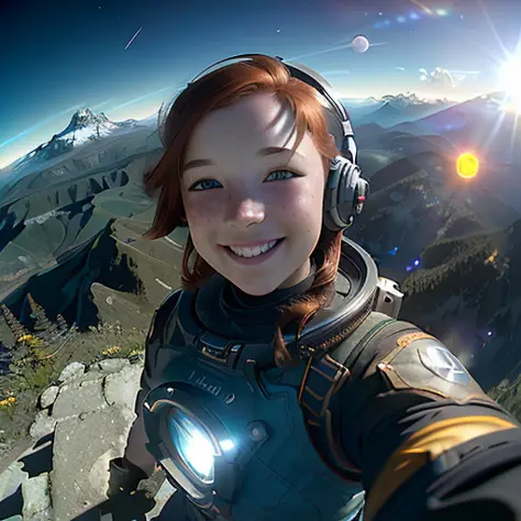 masterpiece, (gopro shot of little redhead dark eyes smiling girl), upper body, (in space,outdoors,sun flare,mountain, valley, sky, clouds), (intricate, octane render, highly detailed, 8k, hdr, uhd, high quality, professional, Unreal engine,Trending on art...