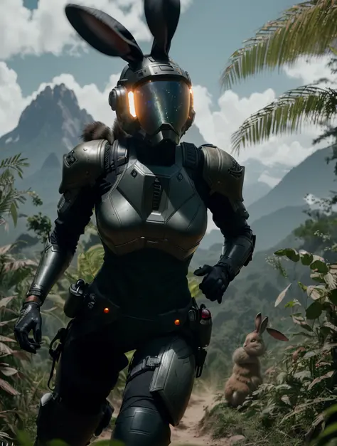 Highly detailed cinematic film still, Hip level shot, of (fit female soldier, (rabbit woman:1.2), wearing high-tech Exo suit, helmet), 1girl, running through the jungle, (lush vegetation), (mountains:1.1), (god rays:0.4), dense alien jungle, toned body, (m...