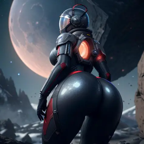 Highly detailed RAW color Photo, Rear Angle, Full Body, of (female space marine, black and red carbon fibre suit, (space helmet), accentuated booty), outdoors, (looking up at bright blue moon), on exotic alien alien planet, toned body, big butt, (sci-fi), ...