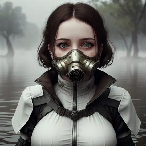 <hypernet:dr0ne_1:1>, Ukrainian woman wearing white Slavic torn garb, full gas mask, in foggy swamps, in the rain, very detailed...