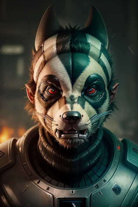 portrait of a half man- half badger creature in a post-apocalyptic spacesuit, (((badger head))),battle face, ((grim expression)), ((aggressive)), ((furry)), grunge, (close  up shot), damaged, muscle, god, elder, epic realistic, faded, (((hdr))), hyperdetailed, cinematic, warm lights, intricate details, muscle
