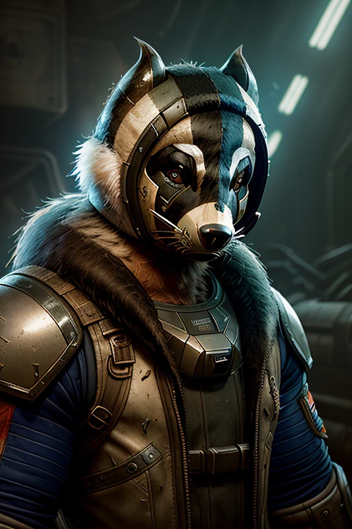 portrait of a half man- half badger creature in a post-apocalyptic spacesuit, (((badger head))), ((furry)) grunge, damaged, muscle, god, elder, epic realistic, faded, (((hdr))), hyperdetailed, cinematic, warm lights, intricate details, muscle