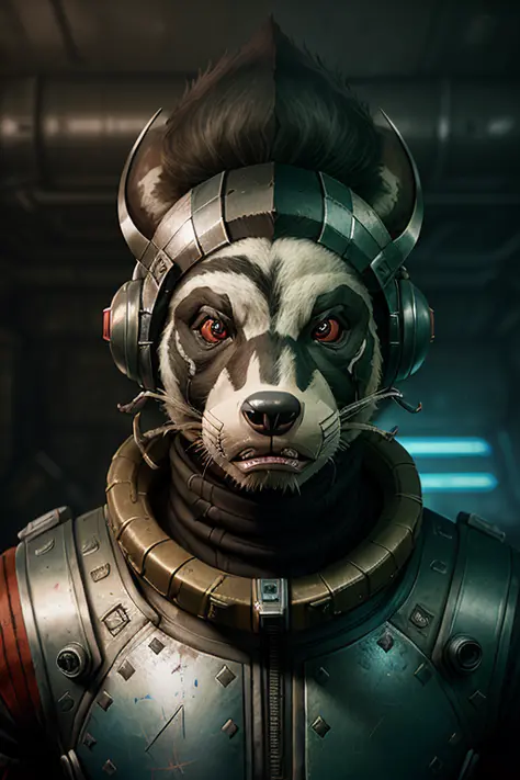 portrait of a half man- half badger creature in a post-apocalyptic spacesuit, (((badger head))),battle face, ((grim expression)), ((aggressive)), ((furry)), grunge, (35mm f10), damaged, muscle, god, elder, epic realistic, faded, (((hdr))), hyperdetailed, c...