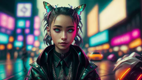 detailed hair, masterpiece, best quality, intricate detail, absurdres, A highly detailed portrait of a solo 1girl standing on a street corner, during a rainstorm with lightning strikes and a cloudy sky, neon and cyberpunk background, she is wearing punk cl...