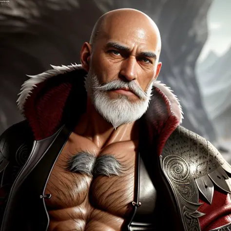 fantasy, high detail, RAW color photo, masterpiece, best quality, super detail, illustration, RPG, old man warrior, (fantasy), thin body, textured body, (detailed skin), (high detail, hyper detail, intricacy), ( gray beard: 1.4) bald, covered clothes, fur ...