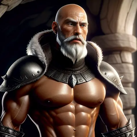 fantasy, high detail, RAW color photo, masterpiece, best quality, super detail, illustration, rpg, old man warrior, (fantasy), muscular body, sculpted body, (detailed skin), (high detail, hyper detail, intricacy), ( gray beard: 1.4) bald, covered clothes, ...