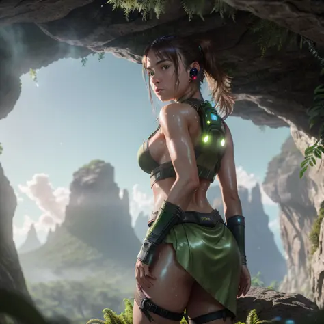 Highly detailed RAW color Photo, Rear Angle, Full Body, of (female Adventurer, wearing torn up skirt:0.5, futuristic earpiece, rebreather), outdoors, (leaning over rocky Rim, looking out at advanced alien structure), on exotic alien planet, toned body, sma...