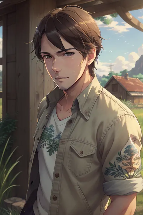 4k, (masterpiece), highest quality, (2d), (handsome badass man), wearing farmer clothes, nature, outside, happy face, clear eyes, (intricate detailed), dramatic, (style by makoto shinkai)