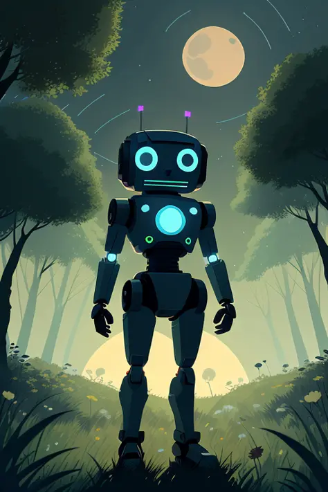 A 2d cartoon of a cute robot, concept art, standing in front of a green forest with moonlight filtering through the trees, stylized with simple shapes, flat colors, and exaggerated features