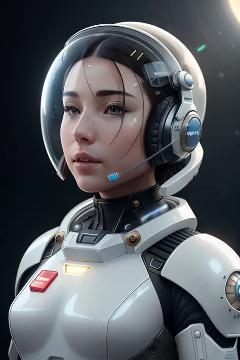 postapocalypse, High detail RAW color Photo, closeup shot, of (Space Adventurer woman, wearing white spacesuit, futuristic armor, (transparent helmet with headphones)), (standing on the Moon Surface), retrofuturism, (elegant, beautiful face), mechanical, g...