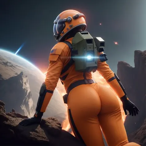 Highly detailed RAW color Photo, Rear Angle, Full Body, of (female space soldier, wearing orange and white space suit, helmet, tined face shield, rebreather, accentuated booty), outdoors, (looking up at advanced alien structure, on alien planet), toned bod...