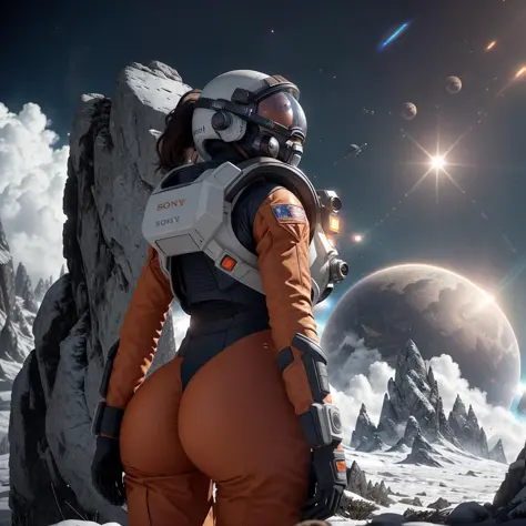 rear angle, Highly detailed RAW color Photo, Rear Angle, Full Body, of (female space soldier, wearing orange and white space suit, helmet, tined face shield, rebreather, accentuated booty), outdoors, (looking up at advanced alien structure, on alien planet), toned body, big butt, (sci-fi), (mountains:1.1), (lush green vegetation), (two moons in sky:0.8), (highly detailed, hyperdetailed, intricate), ((DAY TIME)), (lens flare:0.7), (bloom:0.7), particle effects, raytracing, cinematic lighting, shallow depth of field, photographed on a Sony a9 II, 50mm wide angle lens, sharp focus, cinematic film still from Gravity 2013, from behind