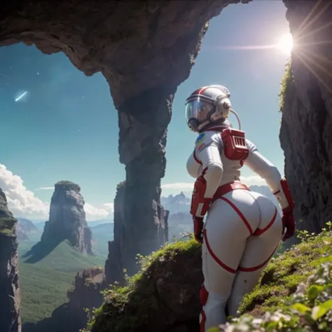 Highly detailed RAW color Photo, Rear Angle, Full Body, of (female space marine, wearing white and red space suit, futuristic helmet, tined face shield, rebreather, accentuated booty), outdoors, (leaning over rocky Rim, looking out at advanced alien struct...
