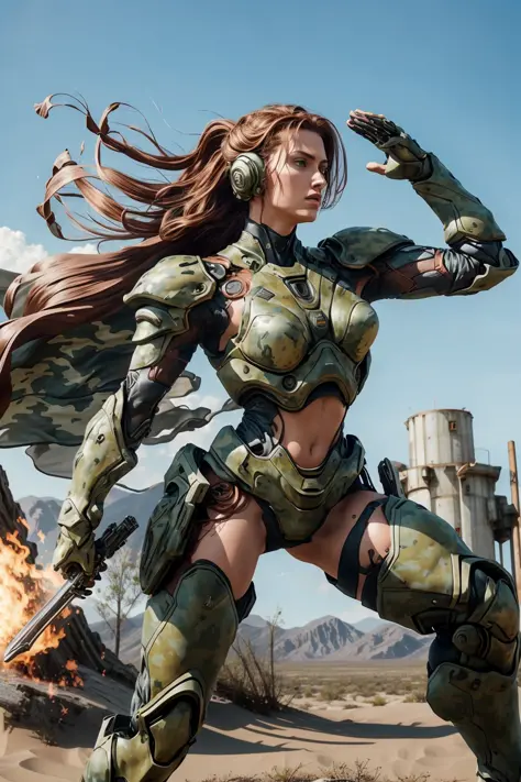 close up shot of a woman,   intense looking, armor, full body,  battle stance , leaning forward
, fiction,    energy fields flow...