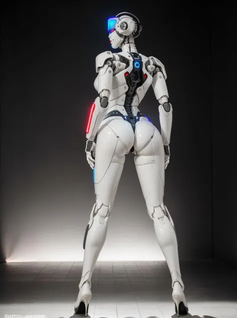 Highest quality, rear angle, realistic, (Sleek white Robot with feminine features), red lipstick, big ass, (boston dynamics), DARPA black project, mechanical joints, robotic parts, plastic, silicone, sex robot, unreal engine, RTX, ambient lighting, photogr...