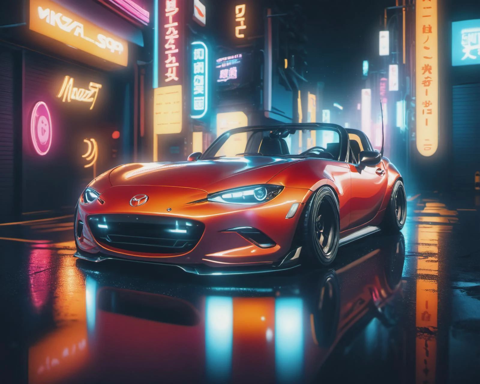 (intrincated details:1.5), (photorealistic), (masterpiece), (photography),  cinematic lighting, (hyperrealistic:1.2), 8K, 300mm, neon palette, raytracing,
mazda miata, mazda mx5, vehicle focus, cyberpunks car, cyberpunk alley,, scenery, solo, night time, wide tyres, autonomous vehicle,(neon lights), (lens flare, film noise, diffused glow.1.5), (reflections and shine:1.5), (diffraction and chromatic aberration:1.5), (without license plate), (extremely shiny car paint), (tires with a lot of negative camber), Drone Cars, simetric design,, tofu shop, (front view),
sparks floating, (dust and scratches film:1.2), (vintage color grading:1.3), dense environment, (old photo style)
 