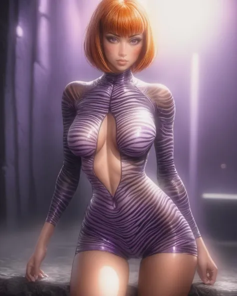 (detailed face), (photorealistic), (masterpiece), (photography), (realistic skin texture), (moles, freckles), (cinematic lighting),
1girl, bobcut hair, hair straight bang, wearing sexy purple bodysuit zebra pattern,  eyeliner, toned body, bare legs, toned ...