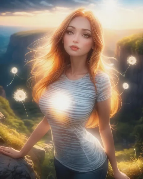 (detailed face), (photorealistic), (masterpiece), (photography), (realistic skin texture), alluring woman, 
long hair, two tone hair, red and blonde hair, hair Wicks, long lashes, (dynamic angle). The girl is on the edge of a cliff and behind you can see a...